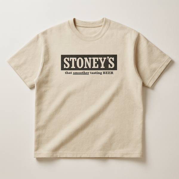 Beige t-shirt with 'STONEY'S' text on a light background