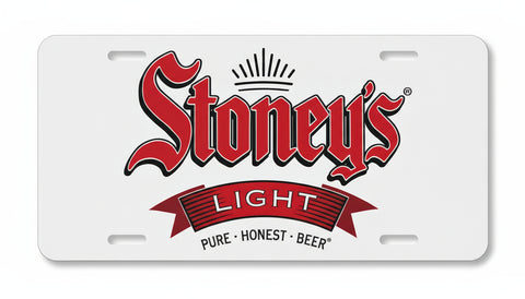 Stoney's Light beer license plate with red and black text on a white background