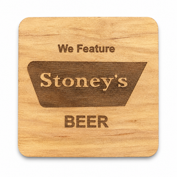 Set of five Stoney's Beer wooden coasters showing the vintage tavern engraving