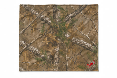 Camouflage-patterned mat with tree design and 'Stevies' logo on a white background