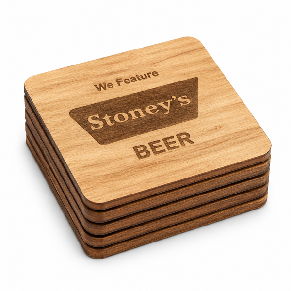 Stack of five stained wood Stoney's Beer tavern coasters with engraved We Feature Stoney's Beer design