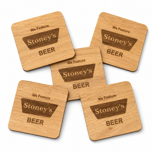 Single stained wood Stoney's Beer coaster with We Feature Stoney's Beer engraving